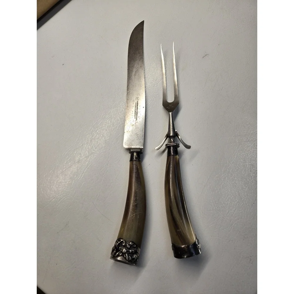 VTG Antique J. A. Henckels Sterling Silver Meat Carving Set Horn Knife Fork